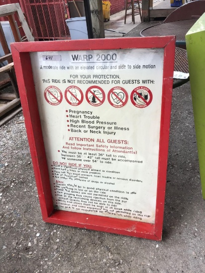 Warp 2000 ride safety and instructional sign