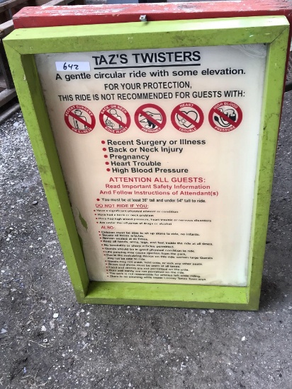 Tazs Twister ride safety and instructional sign