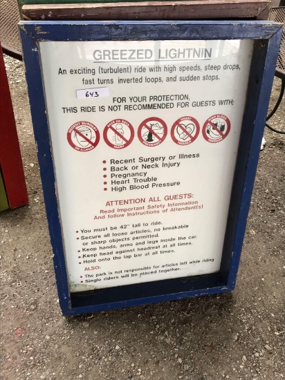 Greezed Lightnin ride safety and instructional sign