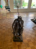 Bronze sculpture of a seated Roman soldier with foundry stamp ?F. Barbedienne,? 30?H, mounted as a