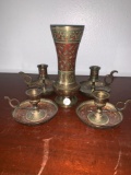 Brass Five-piece Candle-holder and flower vase set