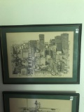 Vintage drawing of downtown Houston in frame