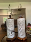 Pair of vintage porcelain table lamps with hand-carved wood bases