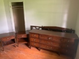 Six piece mid-century bedroom set: king headboard, mirror, dresser, chest and two nightstands