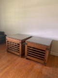 Vintage solid wood end tables with glass insert tops