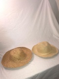 Qty of 2 vintage straw hats and white cloth hat