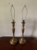 Pair Of Brass Table Lamps With Hand Carved Wood Bases