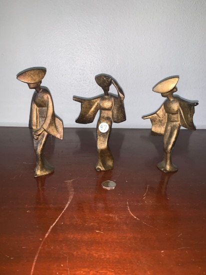 Set of Three Solid Bronze Geisha Statuettes