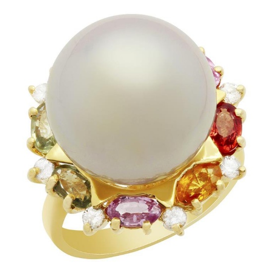 14k Yellow Gold 15.5mm Pearl 2.36ct Sapphire 0.32ct Diamond Ring