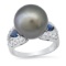 18K White Gold Setting with 14mm Black Pearl, .28ct Sapphire and 0.40ct Diamond Ring