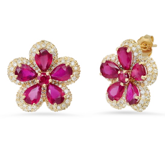 14K Yellow Gold Settings with 9.92tcw Ruby and 2.53tcw Diamond Ladies Earrings