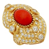 14k Yellow Gold 5.10ct Coral 1.59ct Diamond Ring