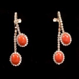 14K Gold 4.63ct Coral 2.77ct Diamond Earrings