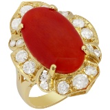 14k Yellow Gold 5.55ct Coral 1.42ct Diamond Ring