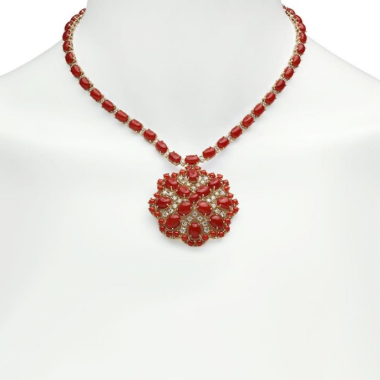 14K Gold 46.11ct Coral 3.00ct Diamond Necklace