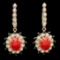 14K Yellow Gold 4.86ct Coral 0.94ct Sapphire and 0.77ct Diamond Earrings