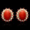 14K Yellow Gold 7.84ct Coral 0.76ct Sapphire and 0.78ct Diamond Earrings