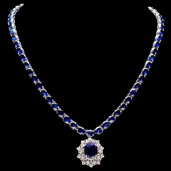 14K White Gold 57.69ct Sapphire and 1.08ct Diamond Necklace