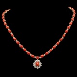 14K Gold 31.07ct Coral & 2.79ct Diamond Necklace
