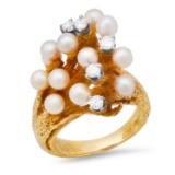 14K Yellow Gold Setting with White Pearls and 0.20ct Diamond Ladies Ring