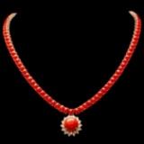14K Yellow Gold 37.38ct Coral and 0.87ct Diamond Necklace