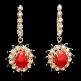 14K Yellow Gold 4.86ct Coral 0.94ct Sapphire and 0.77ct Diamond Earrings