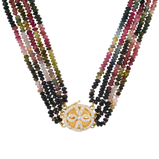 Multi Color Tourmaline Strands Necklace on 14K Yellow Gold Diamond Clasp