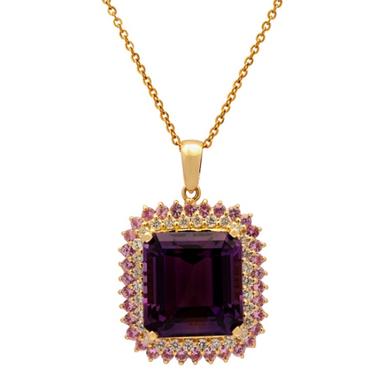 14k Yellow Gold 26.61ct Amethyst 1.95ct Pink Sapphire 1.47ct Diamond Pendant