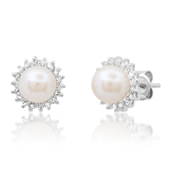 14K White Gold Setting with 7mm Akoya Pearls and 0.27ct Diamond Earrings