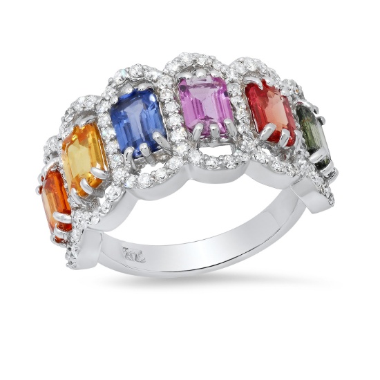 14K White Gold with 3.95ct Multi-Color Sapphire and 1.05ct Diamond Ring