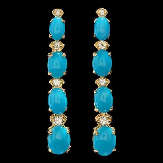 14K Yellow Gold 5.35ct Turquoise and 0.37ct Diamond Earrings