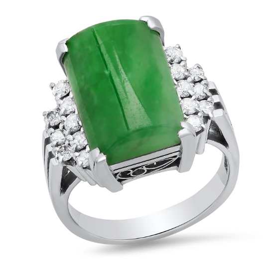 Platinum Setting with 15mm by 10mm Jade and 0.40ct Diamond Ladies Ring