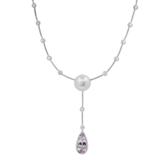 18K White Gold Setting with 5.50ct Kunzite, 1.70ct Diamond and one 12.8mm South Sea Pearl Necklace