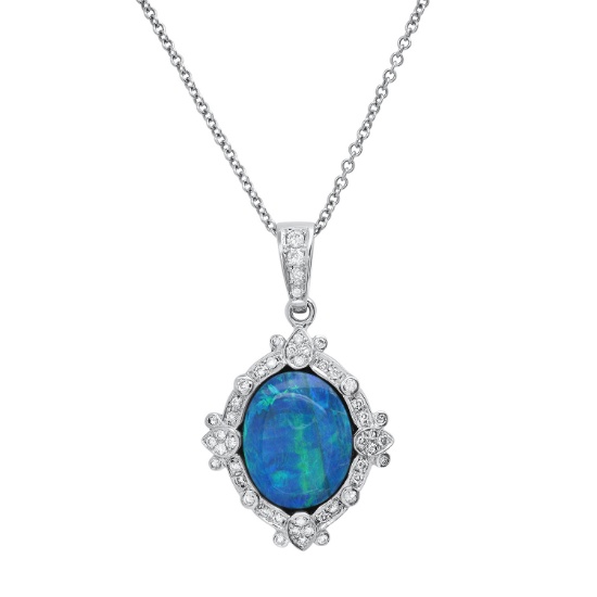 18K White Gold Setting with 5.27ct Opal and 0.57ct Diamond Pendant