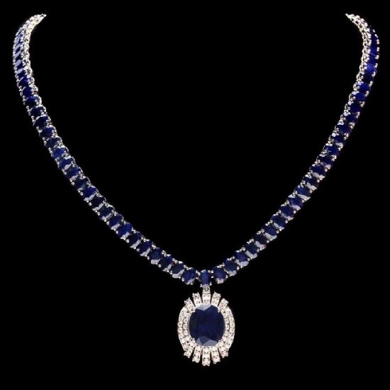 14K White Gold 58.0ct Sapphire and 1.74ct Diamond Necklace