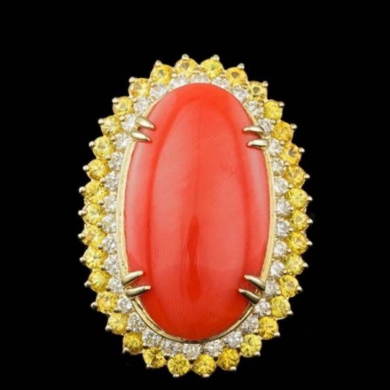 14K Yellow Gold 18.83ct Coral 2.48ct Sapphire and 1.52ct Diamond Ring