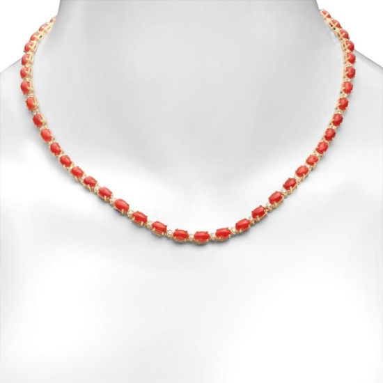 14K Gold 17.92ct Coral 1.23cts Diamond Necklace