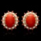 14K Yellow Gold 7.84ct Coral 0.76ct Sapphire and 0.78ct Diamond Earrings