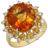 14k Yellow Gold 7.11ct Citrine 0.58ct Orange Sapphire 0.47ct Diamond Ring