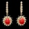 14K Yellow Gold 4.86ct Coral 0.94ct Sapphire and 0.77ct Diamond Earrings