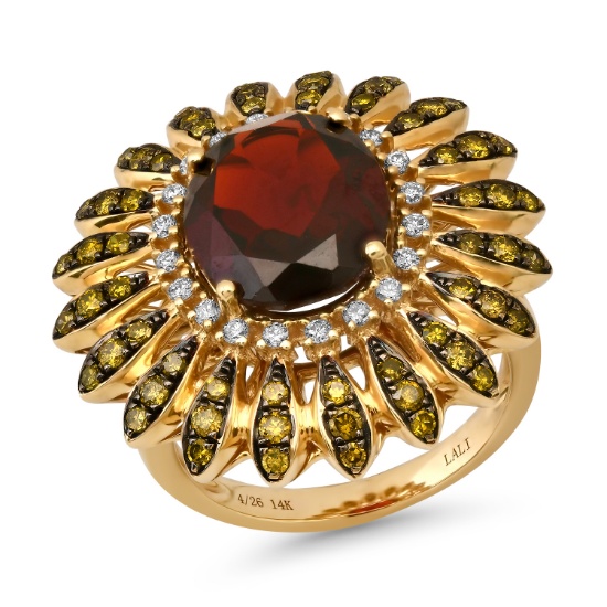 14K Yellow Gold Setting with 5.47ct Garnet, 1.0ct Fancy Yellow Diamonds and 0.16ct Diamond Ring