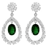 14k White Gold 5.91ct Emerald 7.10ct Diamond Earrings