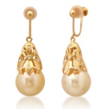 18K Yellow Gold Custom Made Diamond and 12mm South Sea Pearl Earrings