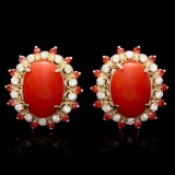 14K Yellow Gold 7.84ct Coral 0.76ct Sapphire and 0.78ct Diamond Earrings