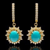 14k Yellow Gold 4.00ct Turquoise 1.50ct Diamond Earrings