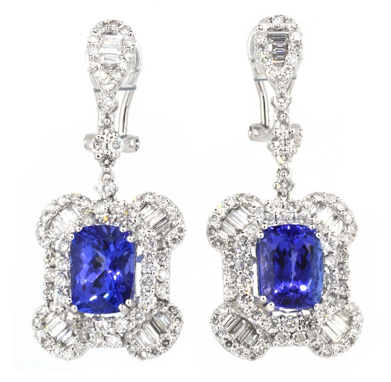 18K White Gold Ladies Earrings with 5.75ct Tanzanite and 3.39ct tw Adjacent Diamonds