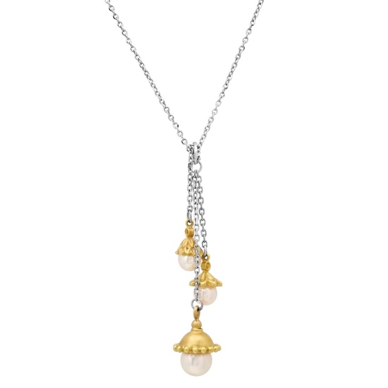 18K Yellow and White Gold Setting with Three White Pearl Necklace