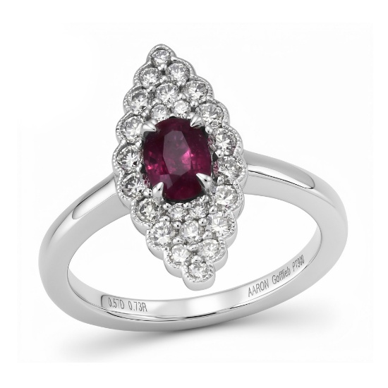 Platinum Ladies Ring with 0.73ct Ruby and 0.57tcw Adjacent Diamonds