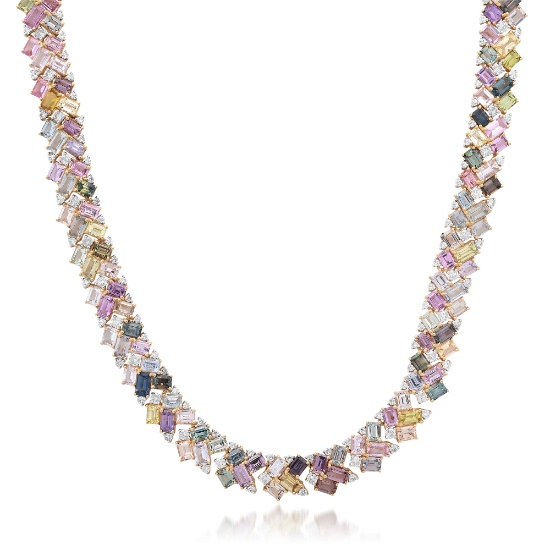 14K Yellow Gold Ladies Necklace with 50.18tcw Sapphire, Alexandrite and 4.98tcw Diamonds