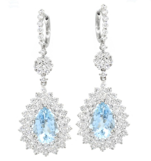 18K White Gold Ladies Earrings with 4.79ct Aquamarine and 4.89ct tw Adjacent Diamonds